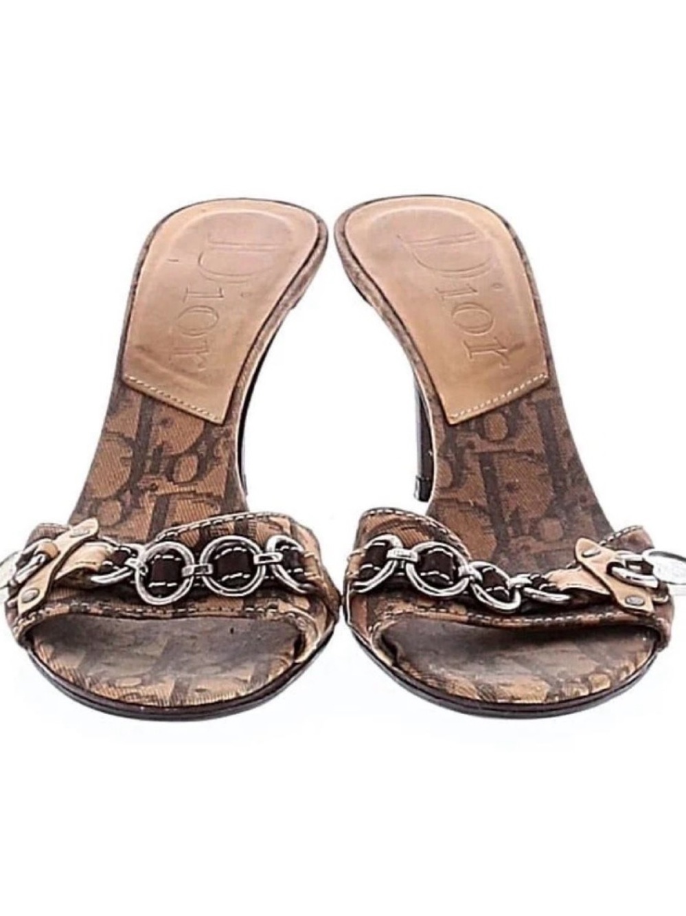 Dior Brown Monogram Chain-Trim Slide Mules